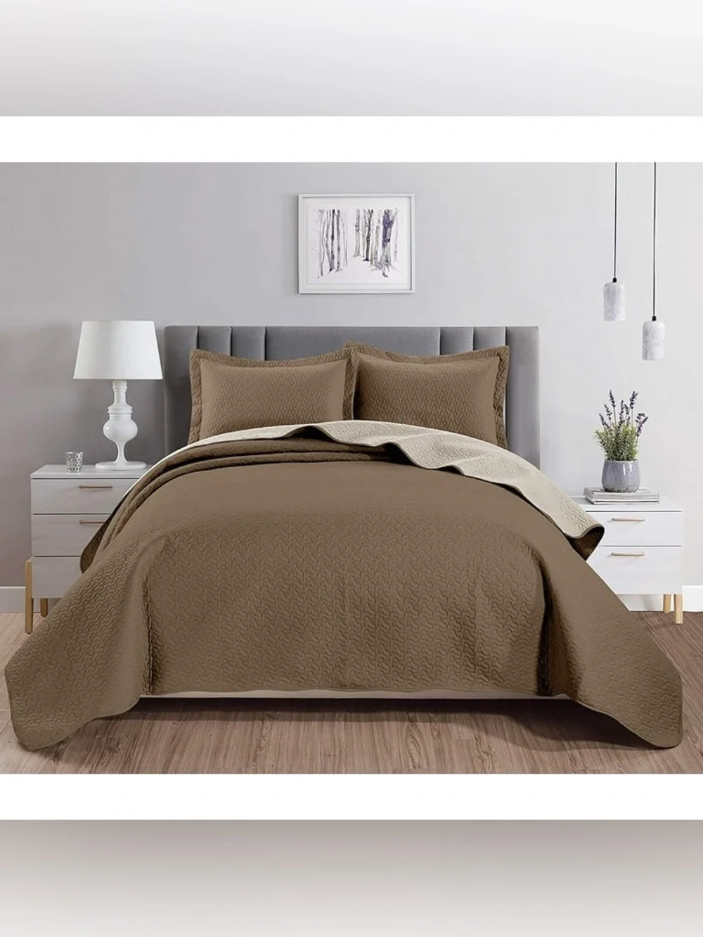 Reversible Quilted oversized king 3 piece Brown and Cream Bedspread Set